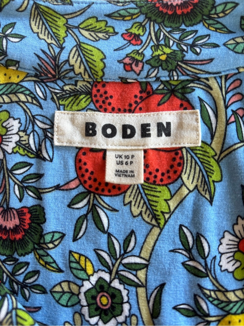 Boden Bias Cut Jersey Midi Dress Blue Lemon Strawberry Multi Citrus Vine 6P - Picture 6 of 10